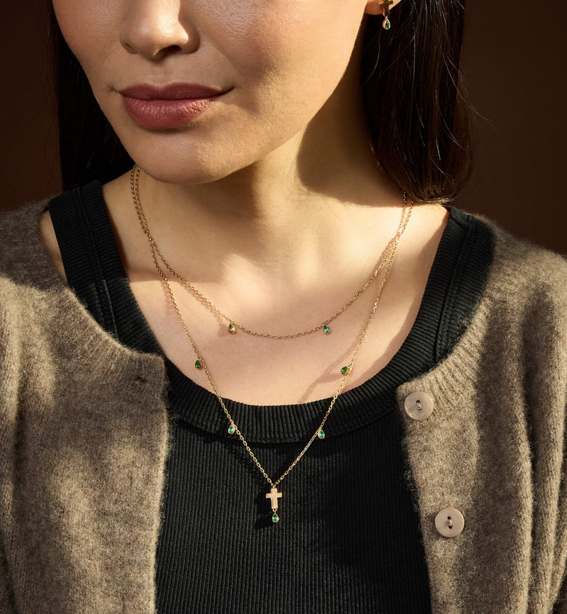 Double Layered Cross Necklace in 18K Gold with Emeralds | Jesus Wept
