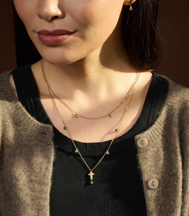 Double Layered Cross Necklace in 18K Gold with Emeralds | Jesus Wept