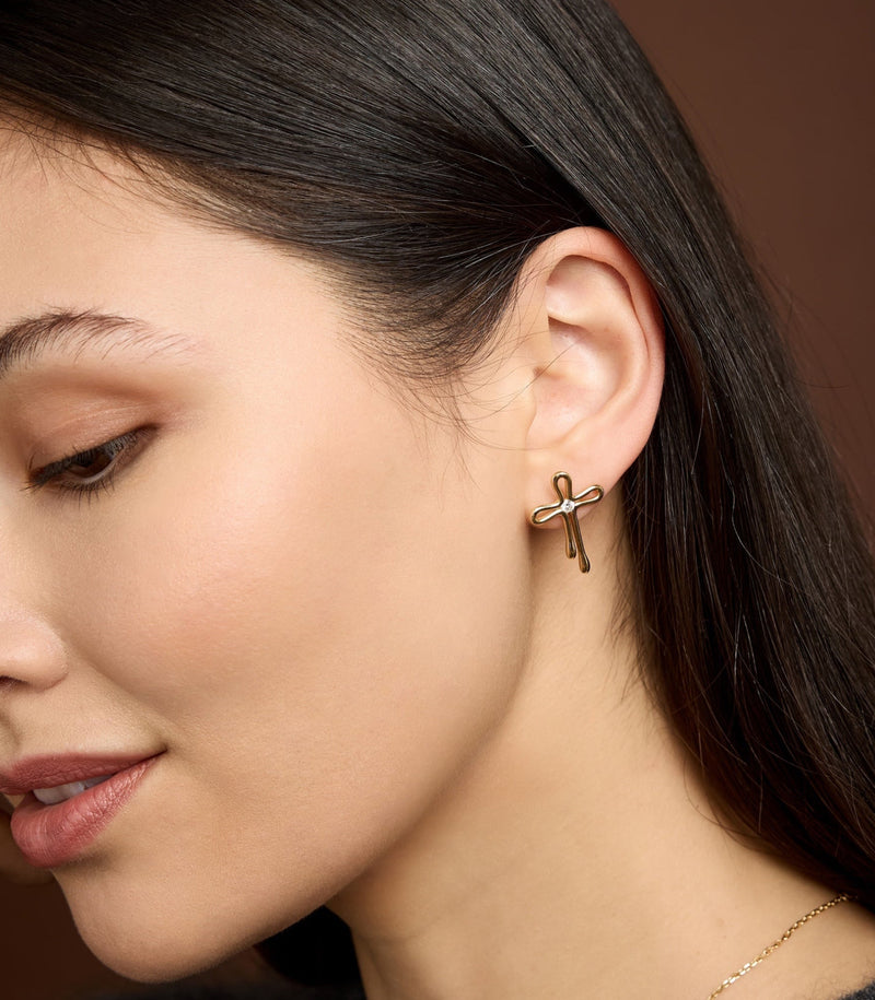 Stud Cross Earrings in 18K Gold with Diamonds | Tear Drops