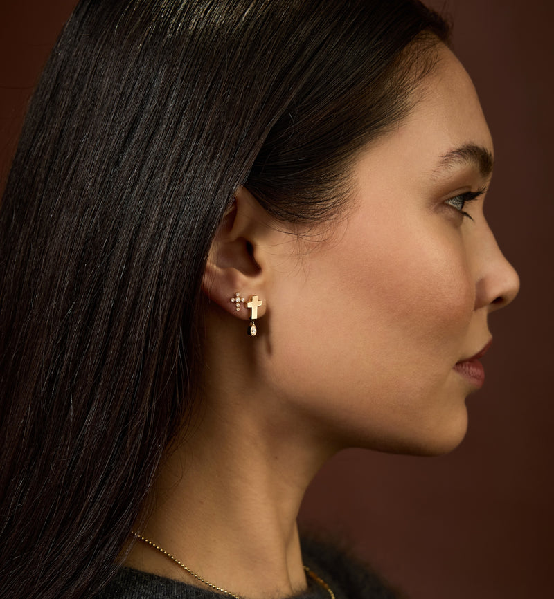 Cross Earring Studs in 18K Gold with Birthstone | Jesus Wept