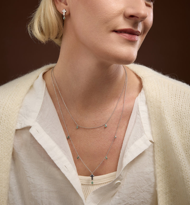 Double Layered Cross Necklace in Sterling Silver with Emeralds  | Jesus Wept
