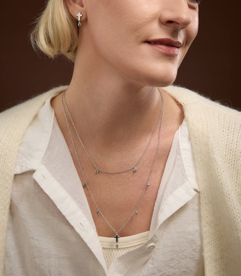 Double Layered Cross Necklace in Sterling Silver with Emeralds  | Jesus Wept