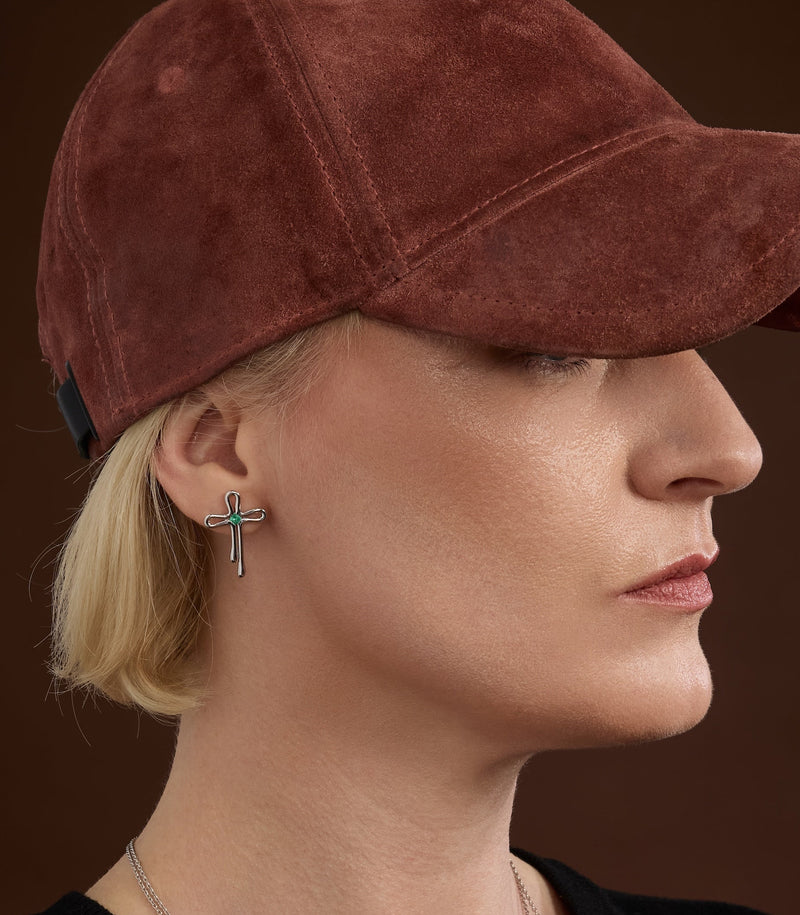 Stud Cross Earrings in Sterling Silver with Emeralds | Tear Drops