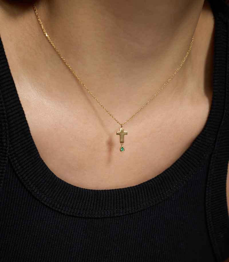 Cross Pendant - Jesus Wept - Gold with Emerald - Small
