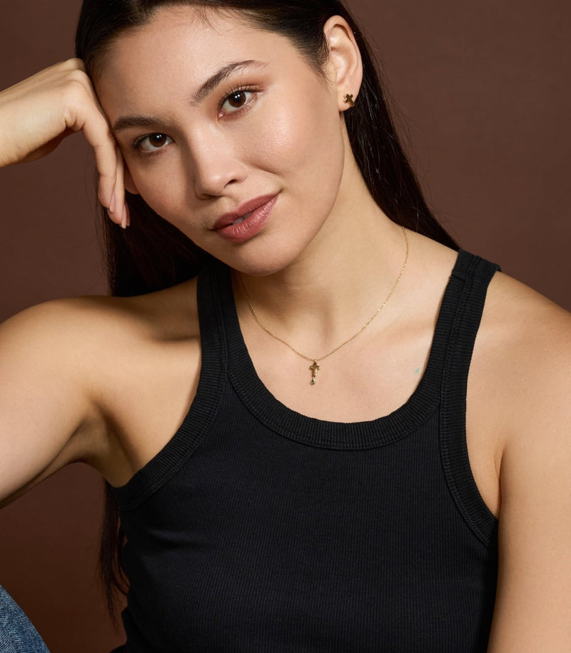 Cross Pendant - Jesus Wept - Gold with Emerald - Small