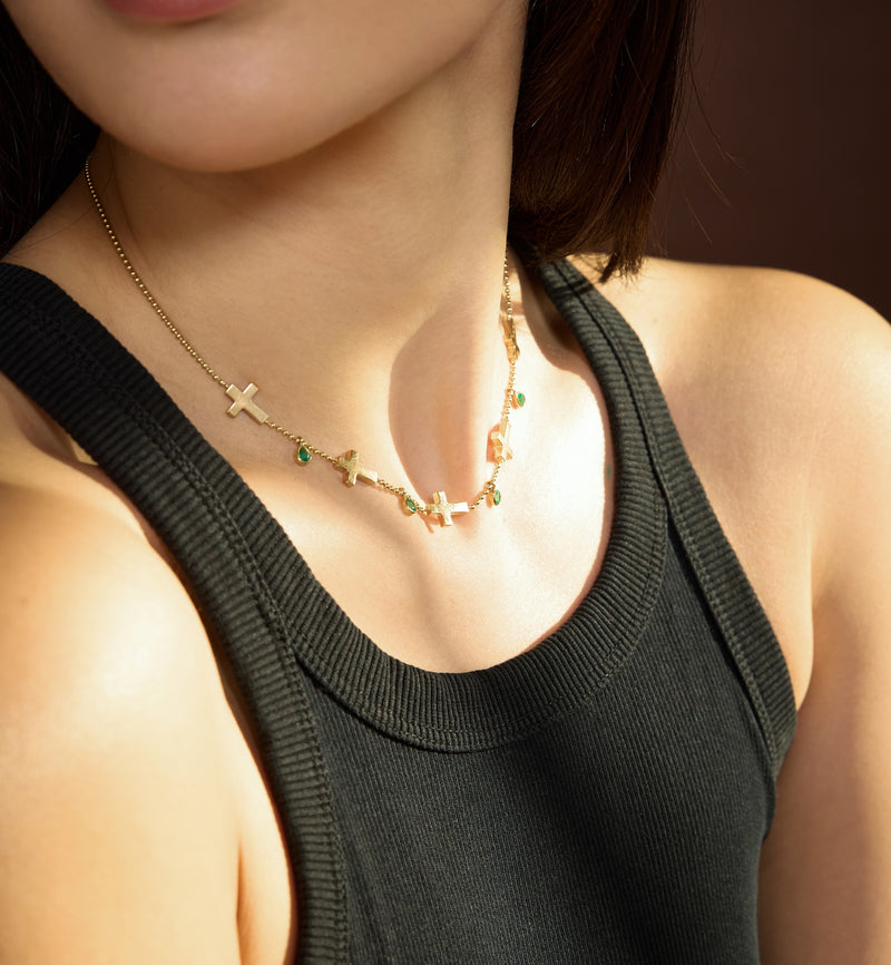 Ball Chain Cross Necklace in18K Gold with Emeralds | Jesus Wept
