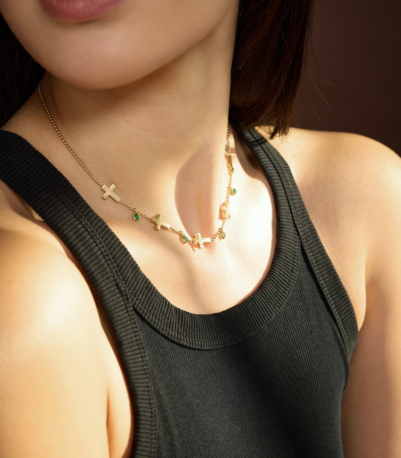 Ball Chain Cross Necklace in18K Gold with Emeralds | Jesus Wept
