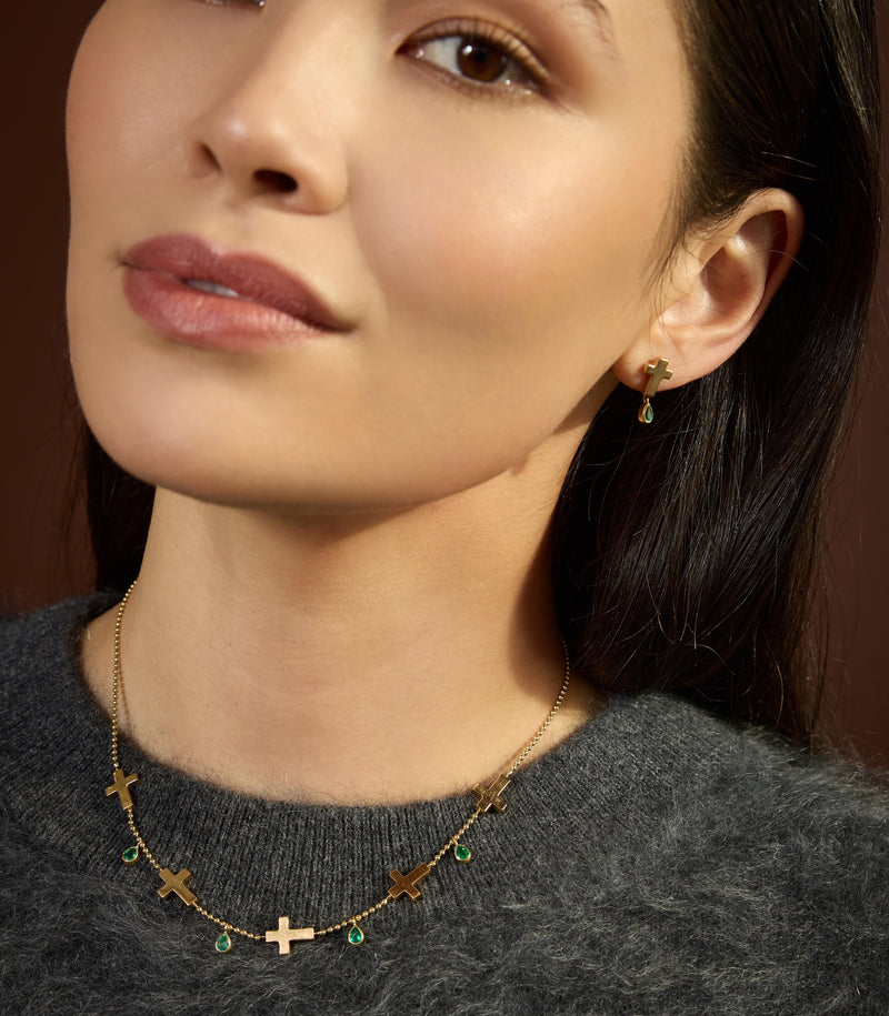 Ball Chain Cross Necklace in18K Gold with Emeralds | Jesus Wept