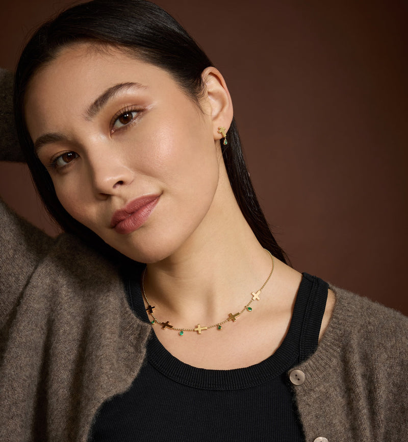 Ball Chain Cross Necklace in18K Gold with Emeralds | Jesus Wept