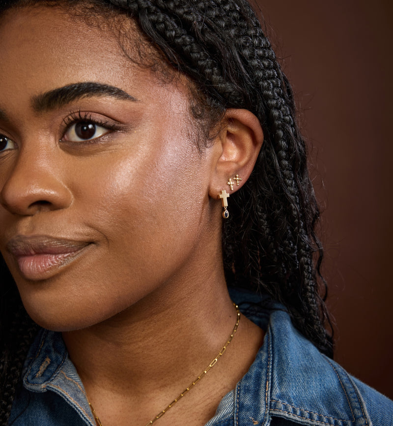 Cross Earring Studs in 18K Gold with Birthstone | Jesus Wept