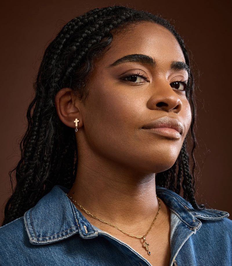 Cross Earring Studs in 18K Gold with Birthstone | Jesus Wept