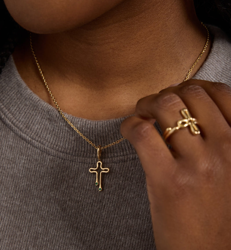 Cross Charm in 18K Gold with Birthstone | Tear Drops